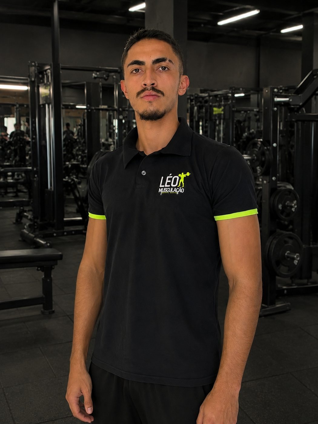 Leonardo Fogaça de uniforme preto da Léo Musculação, na academia