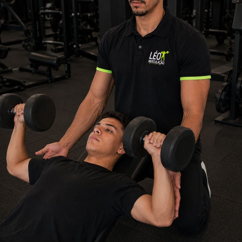 Personal trainer da Léo Musculação acompanhando um aluno no supino com halteres